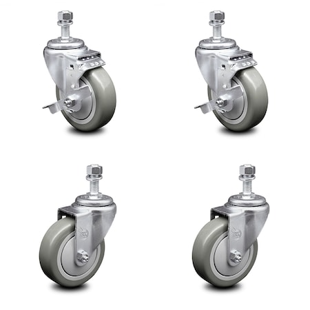 Service Caster 4 Inch Gray Polyurethane Wheel Swivel 1/2 Inch Threaded Stem Caster Brakes, 2PK SCC-TS20S414-PPUB-TLB-121315-2-S-2
